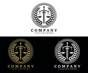 Law Logo design with sword, wreath symbol vector design. Perfect for for law firm, company, lawyer or attorney office logo.