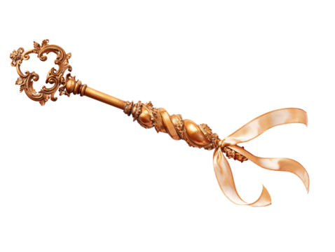 Isolated Ornate Golden Key with Cream Ribbon