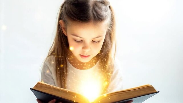 Fille lisant un livre magique avec des &eacute;tincelles lumineuses
