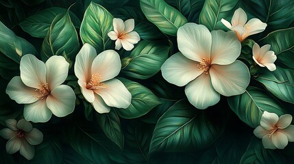 Obraz premium Creamy White Flowers Amidst Lush Green Leaves