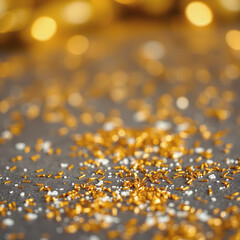 A shower of golden glitter and bokeh lights falling onto a surface covered in golden glitter, creating a festive and luxurious atmosphere against a dark background