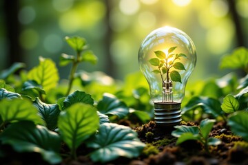 Eco-Friendly Innovation, Plant Growing Inside Light Bulb, Sustainable development concept