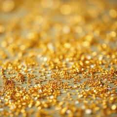 A shower of golden glitter and bokeh lights falling onto a surface covered in golden glitter, creating a festive and luxurious atmosphere against a dark background