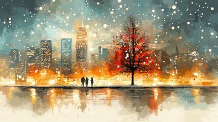 A vibrant cityscape in winter, featuring silhouettes of people and a striking tree.