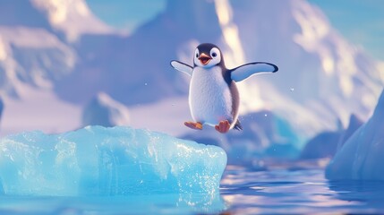Fototapeta premium Penguin Jumping from Ice Block