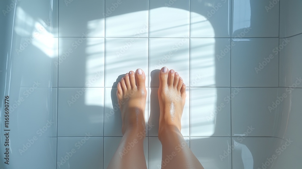 Poster serenity and reflection on a sunny bathroom floor with bare feet enjoying warmth and light