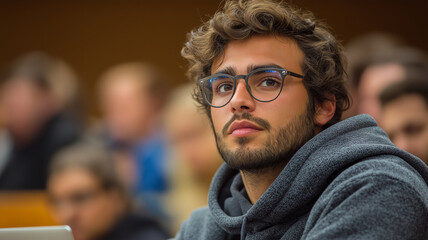 Fototapeta premium Focused young man wearing glasses and a hoodie listening attentively in a lecture hall, surrounded by blurred classmates.