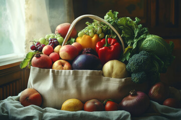 A canvas bag brimming with a colorful array of fresh fruits and vegetables, showcasing healthy eating.