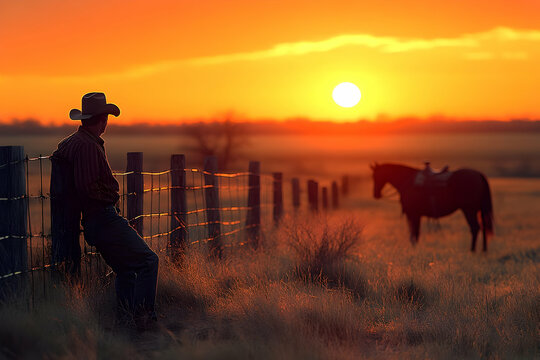 Cowboy silhouetted at sunset, leaning on fence, horse in field.
