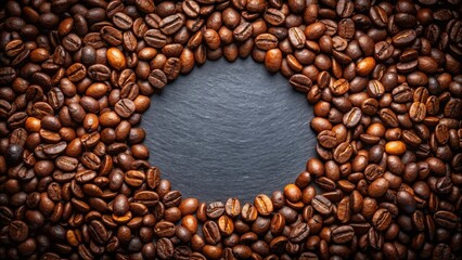A circle of roasted coffee beans on a dark slate surface, framing a blank space for text or design.