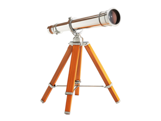Isolated Vintage Telescope on Wooden Tripod