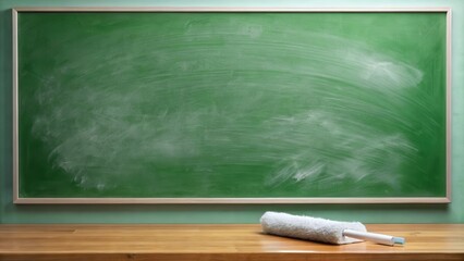 A blank green chalkboard in a classroom with a white chalk eraser resting on a wooden desk