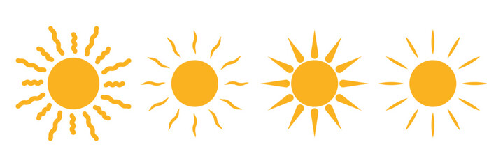 Sun vector set of four in yellow color on white background. Sun simple icons collection. Yellow sun icon set, sunshine and solar glow, sunrise or sunset. Eps 10.