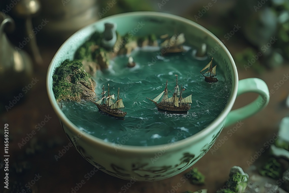 Poster a teacup holding an entire ocean, complete with tiny sailing ships.