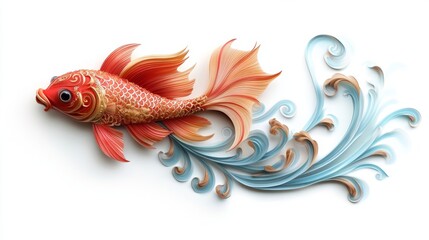Fototapeta premium Underwater Extravaganza - Whimsical Red and Gold 3D Fish in Soft Wave Frame for Banner Designs