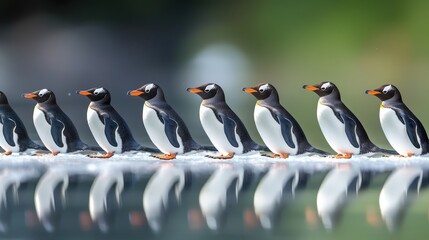 Obraz premium Penguins Sliding in a Line on Ice