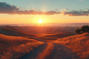 Fototapeta premium Sunset over rolling hills with wind turbines generating clean energy.
