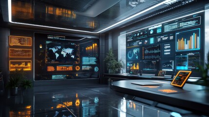 A futuristic business office with interactive data visuals, digital boards, and dynamic presentation elements.