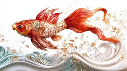 Fototapeta premium Majestic 3D Red and Gold Fish with Flowing Tails in Soft Waves - Whimsical Design for Banners on White Background