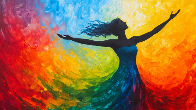 A spirited woman dances amidst a rainbow of colors, symbolizing the essence of joy and freedom.