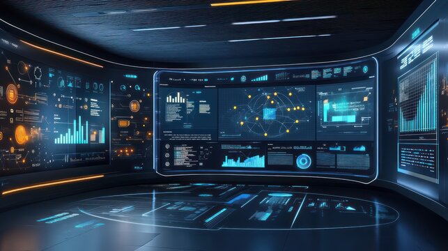 A futuristic business room with animated digital slides, data visualizations, and interactive displays.