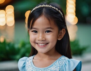 A cheerful girl from Thailand is smiling brightly while wearing a beautiful outfit adorned with sequins. She stands outdoors amidst glowing lights, exuding happiness. Generative AI