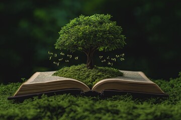A tree growing from an open book, its branches forming sentences in the air