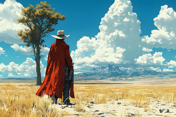 Lone cowboy in red coat facing vast desert landscape under blue sky with fluffy clouds and distant mountains.