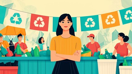 Community event promoting recycling awareness local park graphic engaging environment eye-level perspective