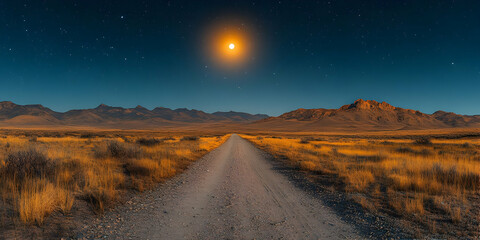 Desert road at night under a full moon and starry sky.