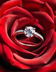 Red rose with a gold and diamond ring on it