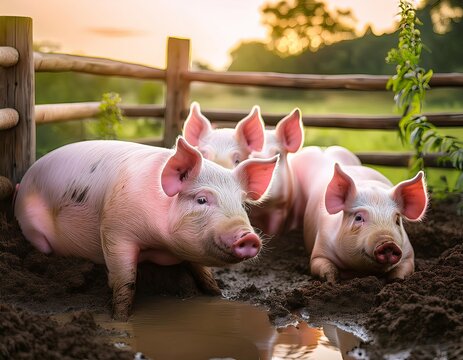 Three pigs are laying in the mud