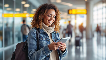 Smiling woman with curly hair checks phone in modern airport terminal awaiting flight
