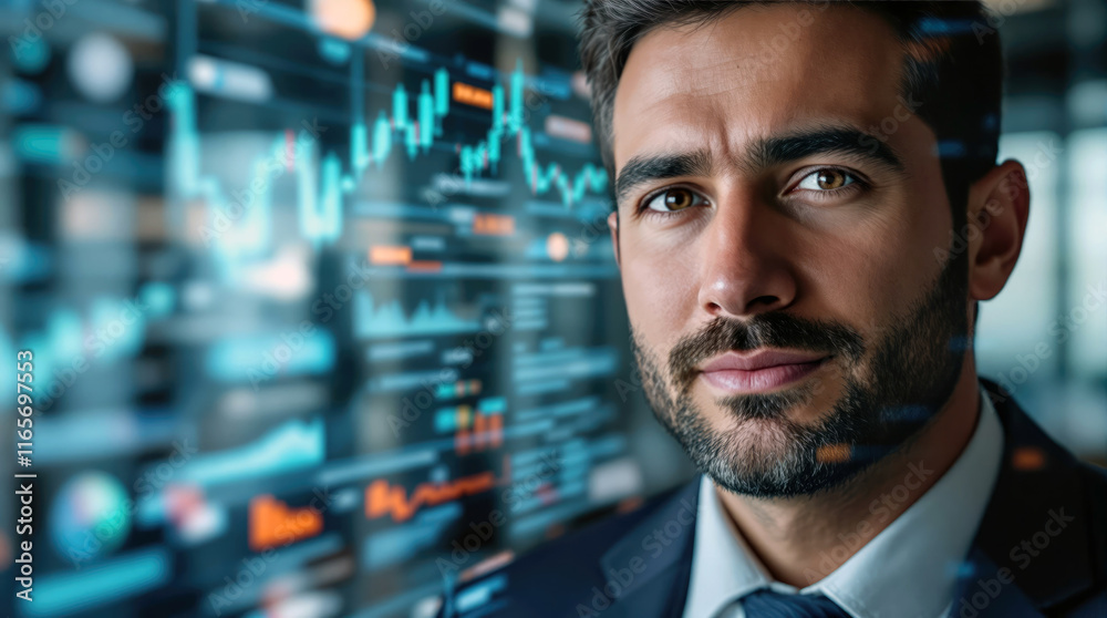 Poster focused businessman analyzing data charts on screen serious expression strategic thinking