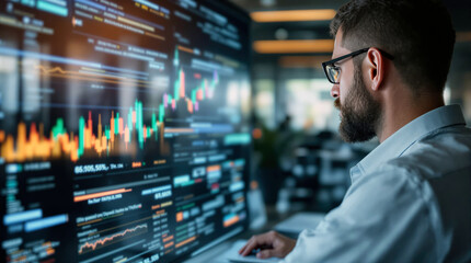 Businessman analyzing financial data on large monitor