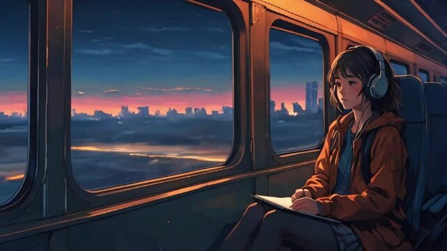 The girl sits by the window train, city lights blurring outside, her headphones sketchpad in hand, 2d flat anime-style illustration, 4k lofi hip-hop bites landscape music animation video