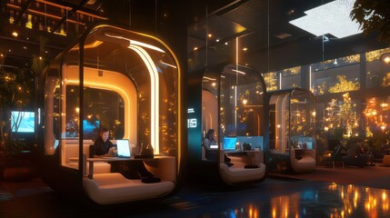 A futuristic coworking hub with pod workstations, innovative lighting, and glass partitions for privacy.