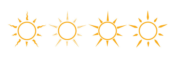 Sun icon set. Yellow sun icons. Shine sun ray set. Sunset icon collection. Yellow sun star icons. Vector illustration