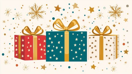 A festive illustration featuring three beautifully wrapped gift boxes with decorative elements.