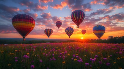 Fototapeta premium Hot Air Balloons Soaring Over Sunset Field Of Flowers