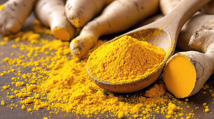Wooden Spoon with Turmeric Powder and Fresh Turmeric Rhizomes Showcasing Earthy Texture