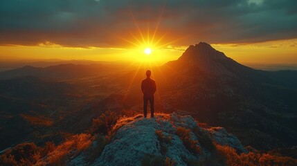 Fototapeta premium Silhouette on mountaintop, sunset vista.