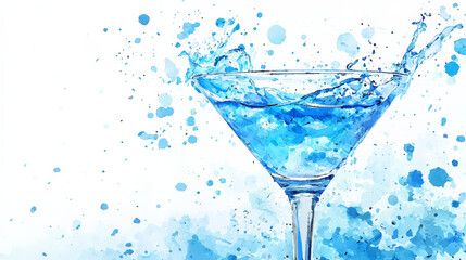 Refreshing blue cocktail splashes in glass with vibrant watercolor effects