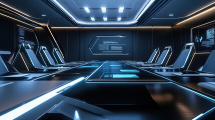 Obraz premium A futuristic executive meeting room with touch-sensitive panels, glowing table edges, and angular chairs