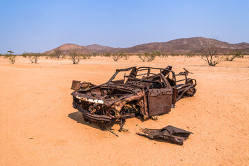 Car Wreck in Marienfluss Valley, Kunene Region between Namibia and Angola