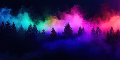 Forest with trees in the background and a colorful smoke in the foreground