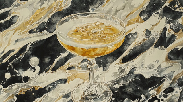golden cocktail in glass, surrounded by flowing gold and silver patterns