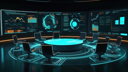 A futuristic group presentation setup with digital boards, data visuals, and interactive elements.