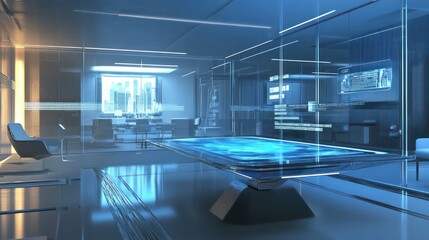 A futuristic executive room featuring a holographic table, advanced lighting, and a glass wall divider