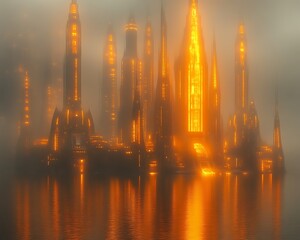 Fototapeta premium Futuristic city glowing orange in fog.